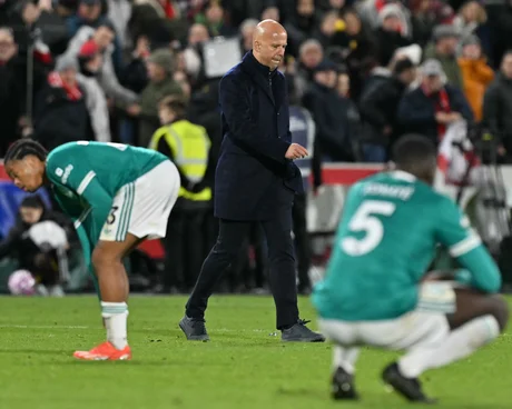 Brentford players show their delight after Igor Thiago put them 3-1 ahead from the penalty spot. Photograph: Marc Atkins/Getty Images